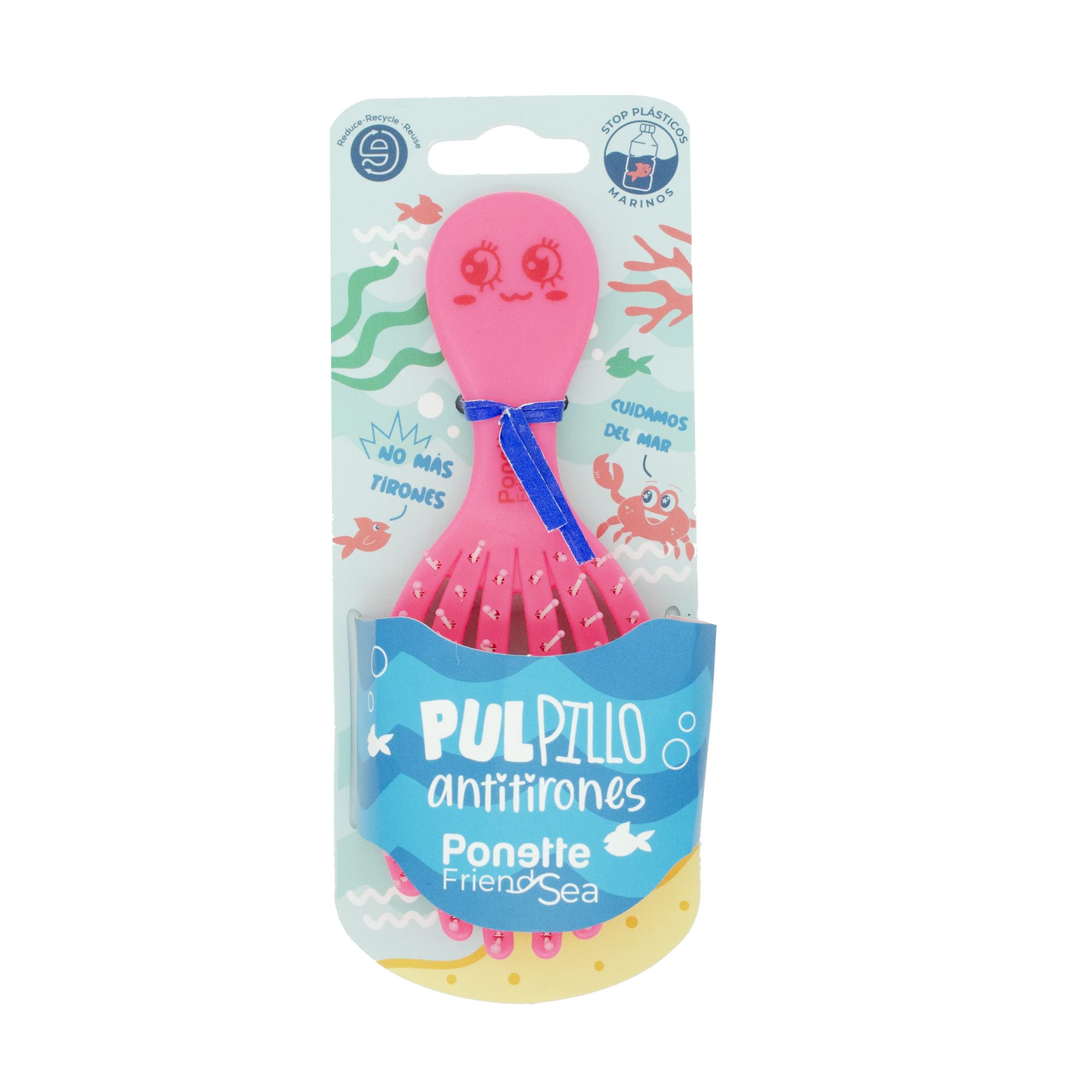PONETTE FRIENDSEA - Cepillo de Pelo Desenredante Antitirones Infantil Rosa Fucsia Neón, Compacto, Viaje, Plástico Reciclado, Pulpillo, Divertido, Niños, Niñas, Sin Tirones, Reciclable, Marca Española