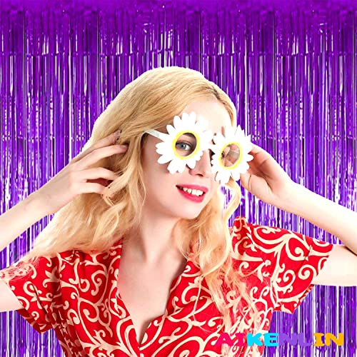Image of 4 Pack 3.2Ft x 8.2Ft Purple Foil Fringe Curtain Backdrop, Metallic Tinsel Foil Fringe Streamers Curtains Background for Photo Booth, Birthday, Wedding, Halloween, Christmas Party Decoration