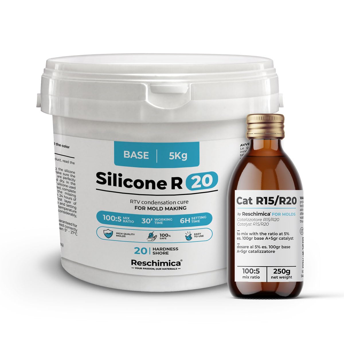 Reschimica Goma de Silicona Líquida R20, Ideal para moldes de Silicona Blanda, endurecimiento rápido, moldes DIY, Ideal para Hacer moldes para Resina, Cera, Yeso y hormigón (1, Kilogramos)