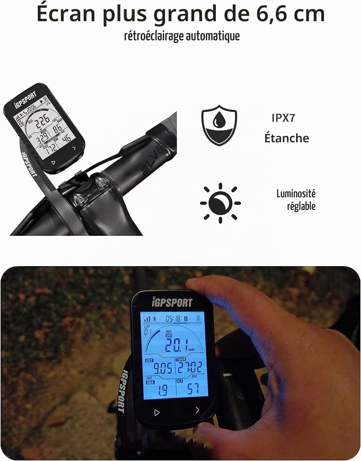 Compteur vélo GPS, BSC100S Ant+ Ordinateur de vélo sans Fil étanche IPX7 Compteur de Vitesse et Compteur kilométrique, écran de rétroéclairage Automatique 2,6 Pouces, autonomie de 40 Heures