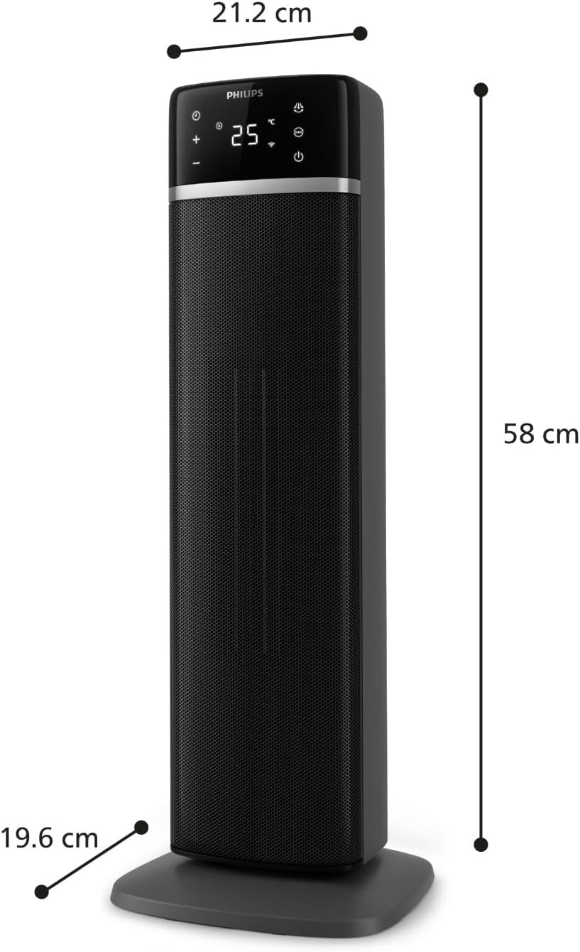Philips Termoventilatore a torre Serie 5000-2000W, risparmio energetico 50%, display, 5 funzioni sicurezza, 4 modalità, oscillazione 60°, silenzioso, nero/grigio scuro (CX5120/11).