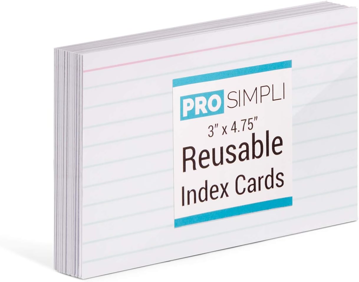 ProSimpli Reusable Index Cards for Dry Erase and Wet Erase Markers - White, Thick, 100% Vinyl Plastic, Ruled on One Side, 20 per pack