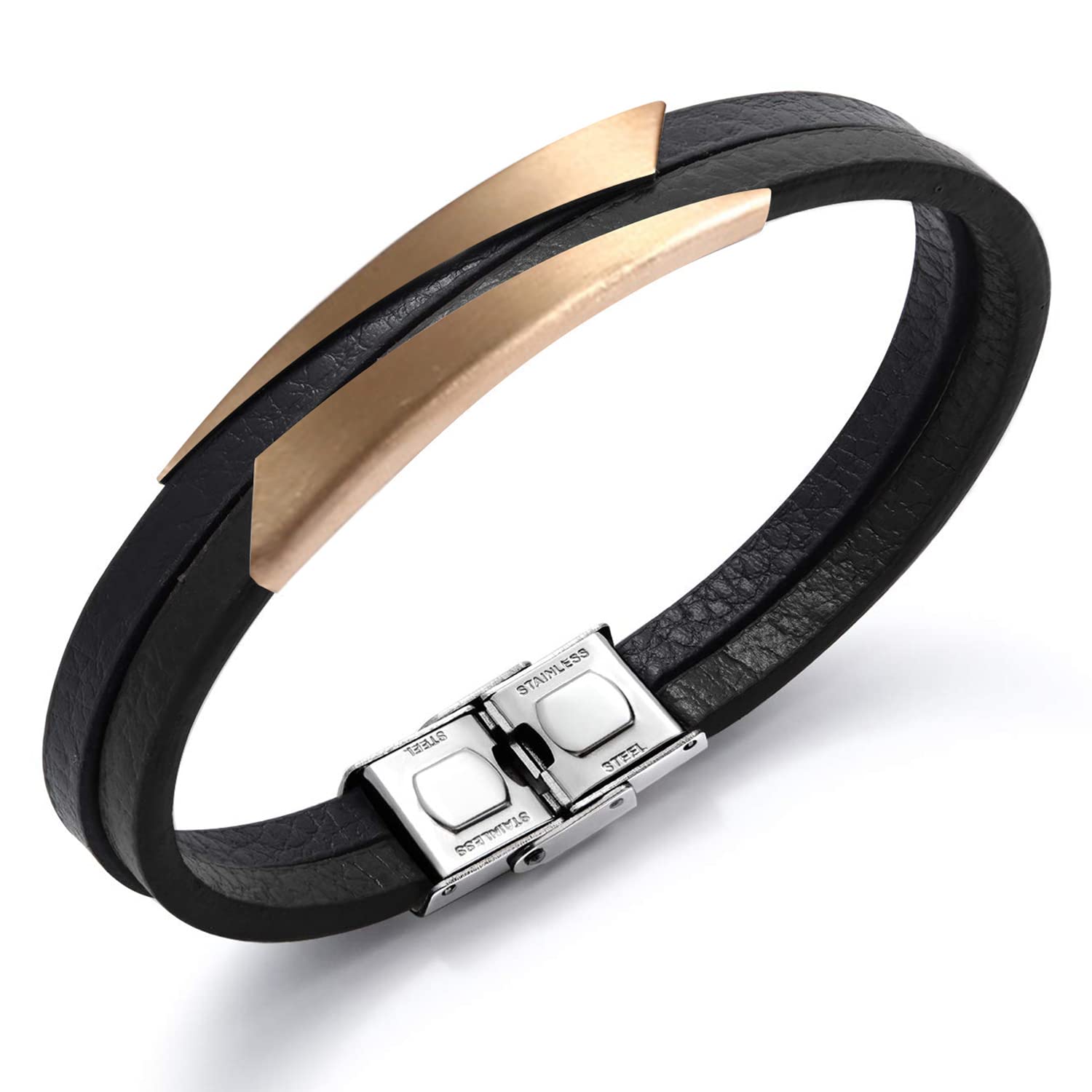 Peora Black Synthetic Leather with Rose Gold Plated Metal Bracelet Stylish Design Fashion Casual Jewellery Gift for Men & Boys (B0C3V519MX) Amazon Price History, Amazon Price Tracker