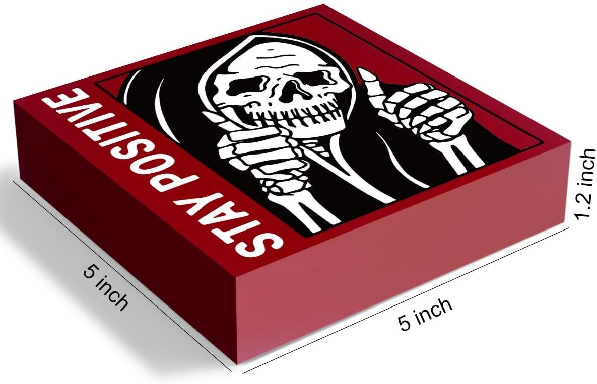 Gothic Skull Decor - Stay Positive Skulls Sign for Home Office Desk Accessories - 5 x 5 Inches (Red) image 2
