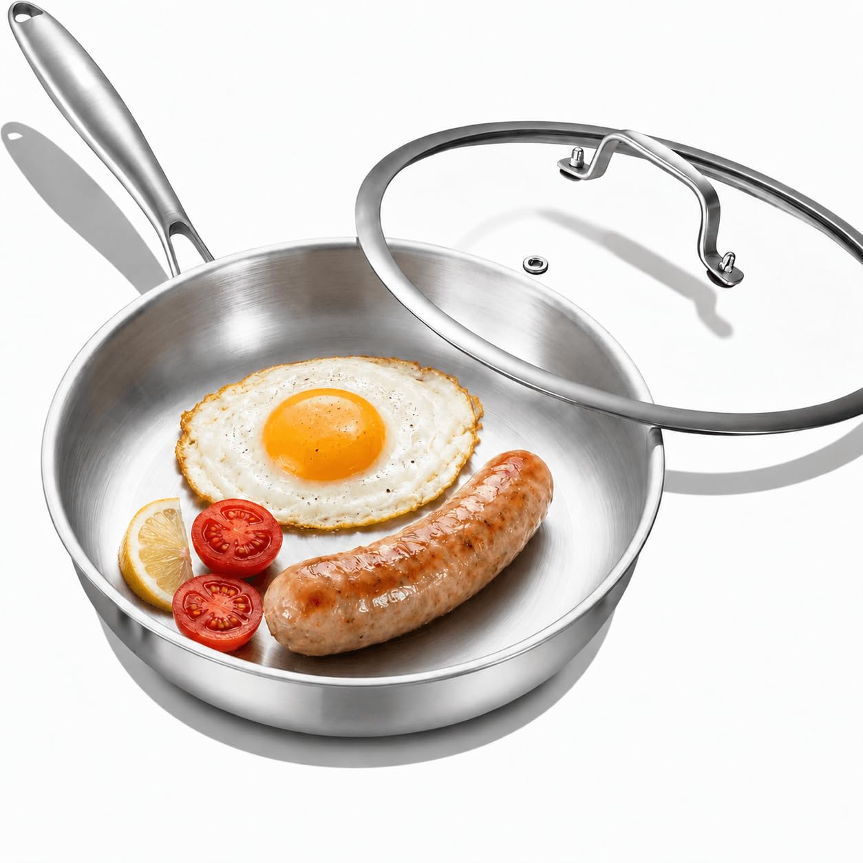 Nontoxicook Professional 22cm Tri-Ply Stainless Steel Frying Pan with Lid, Uncoated 18/10 Omelette & Egg Skillet, All Hobs Compatible Including Induction, Oven Safe to 315°C — image 1