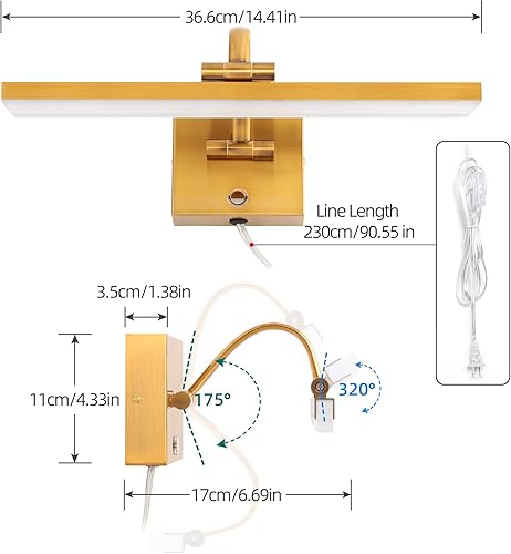 Miniatura 6 de MantoLite Lámpara de pared LED regulable de 15 pulgadas, lámpara de pared de gabinete de 6000 K 8 W, espejo de maquillaje de latón, lámpara de