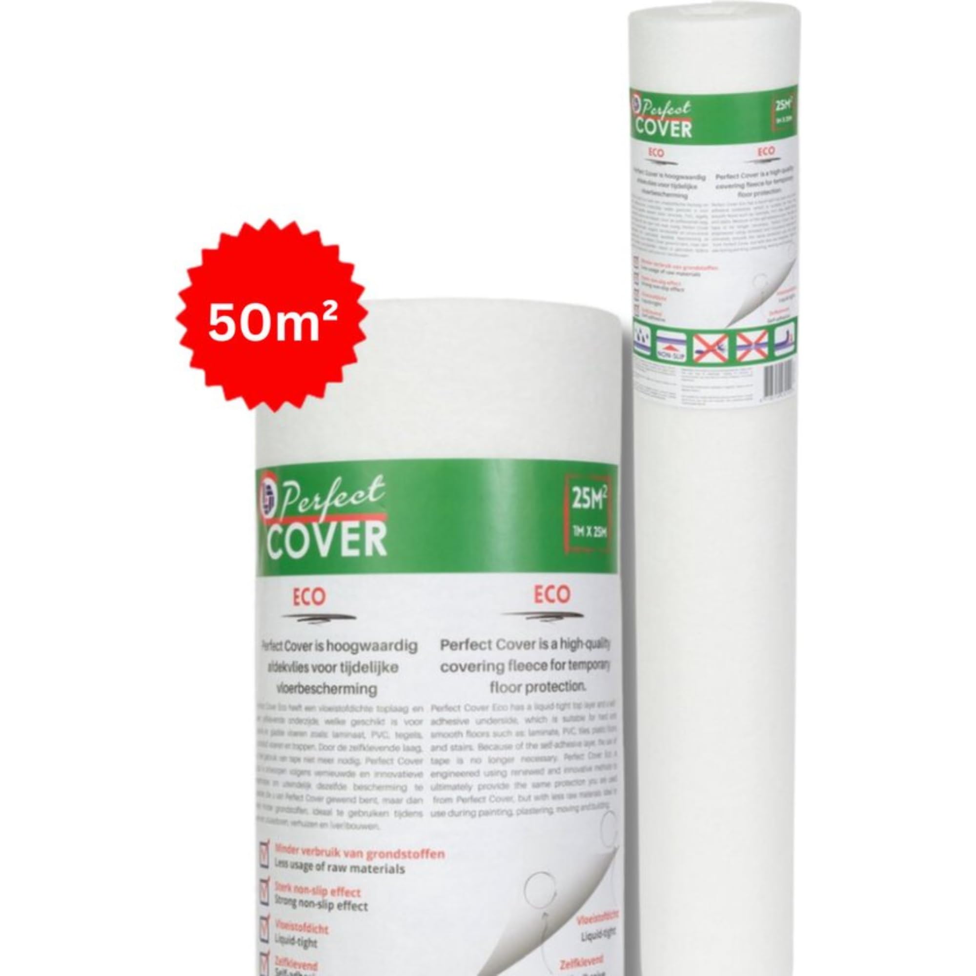 Perfect Cover Eco Malervlies Selbstklebend 50m² | 160 g/m² – Abdeckvlies für Bodenschutz bei Renovierung, Flüssigkeitsdicht, Rutschfest und Nachhaltig