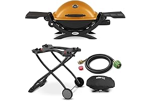 Webber Q1200 Liquid Propane Grill (Orange) Bundle with Portable Cart, Adapter Hose...