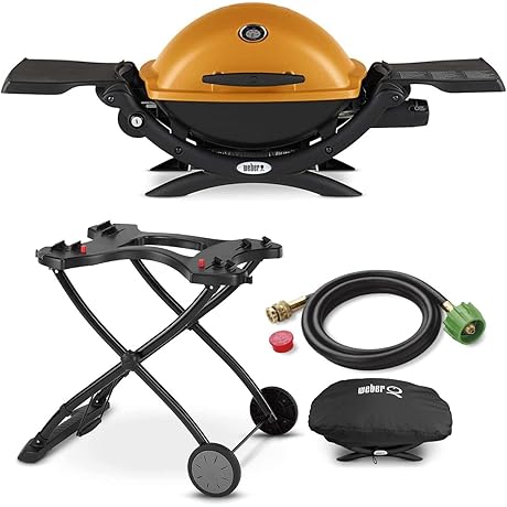 Webber Q1200 Liquid Propane Grill (Orange) Bundle with Portable Cart, Adapter Hose...