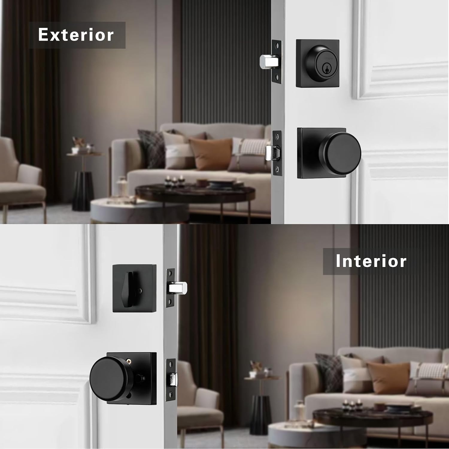 Black Door Knob with Lock, Exterior Door Lock Set with Deadbolt, Square Exterior Door Knob