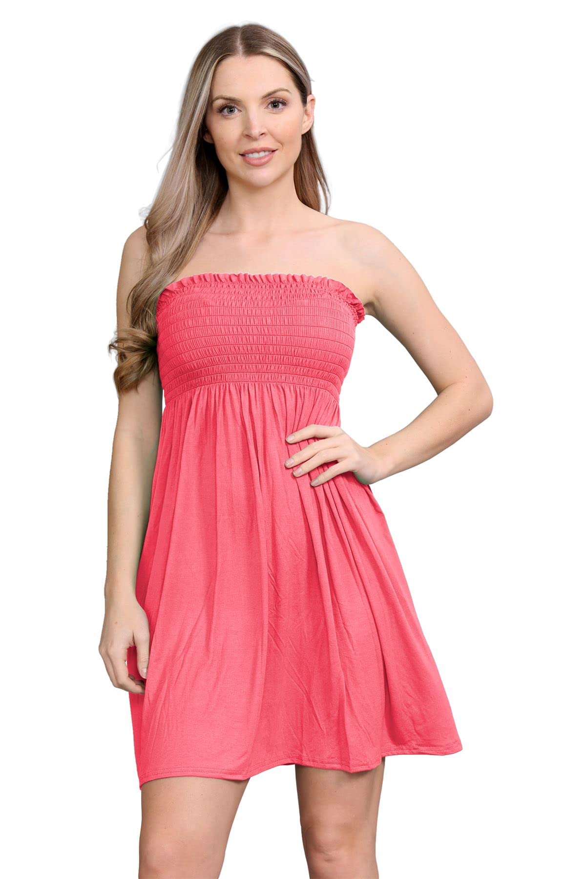 Janisramone Women's Coral Janisramone® Bandeau Dress, Boob Tube Sheering Ruched Flared Mini Dress, Plain Strapless Summer Dresses, Perfect Holiday & Beach Dresses For Uk