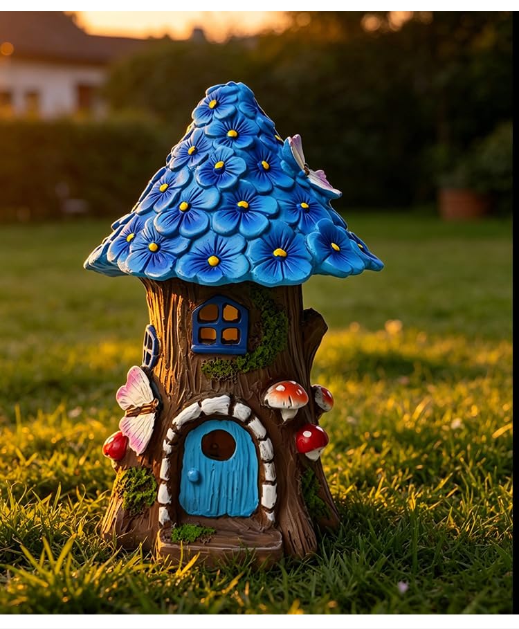 Statues solaires de jardin féérique maison champignon bleue pour décoration extérieure