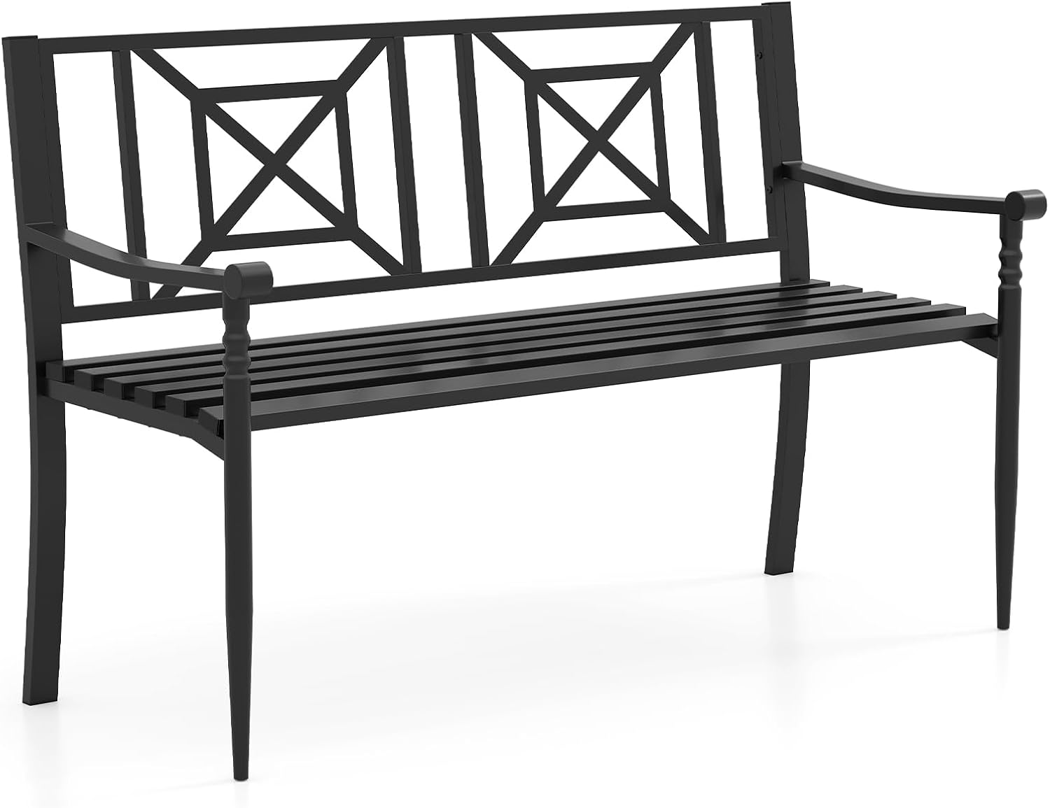 Tangkula Metal Outdoor Park Bench, Patio Garden Bench, Heavy-Duty Slatted Garden Bench for 2-3 People, Patio Park-Style Loveseat with Curved Armrests, Outdoor Seating for Backyard, Lawn, Porch