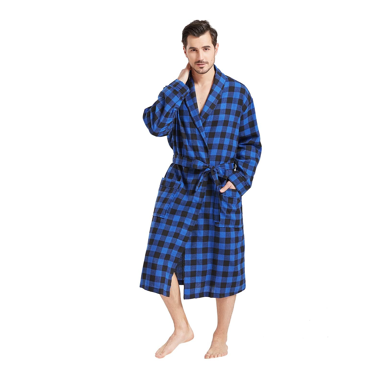 FashGudim Mens Dressing Gowns Lightweight Buffalo Plaid Cotton Robe Shawl Collar Summer Kimono Bathrobe