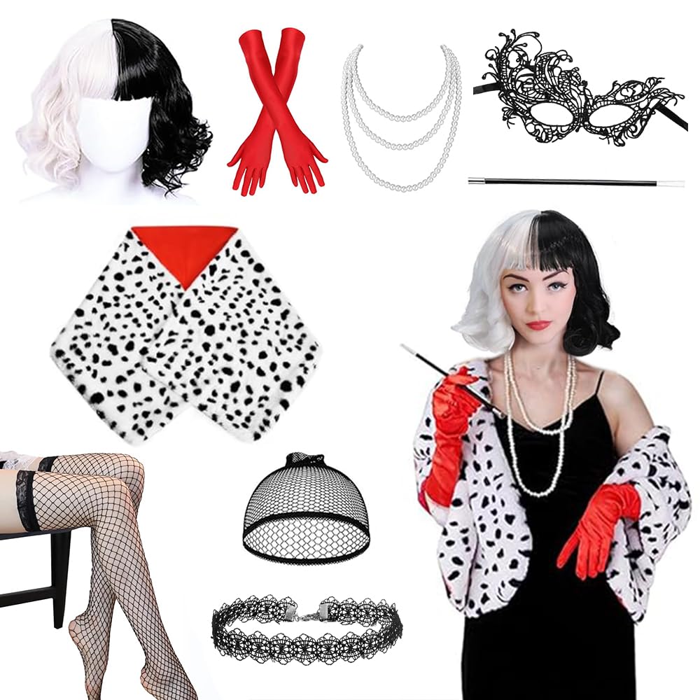 De Vil Pruik Cruella-kostuum Voor Dames – 9-delige Set Met Jurk, Pruik, Masker, Handschoenen En Accessoires Cruella Kostuum