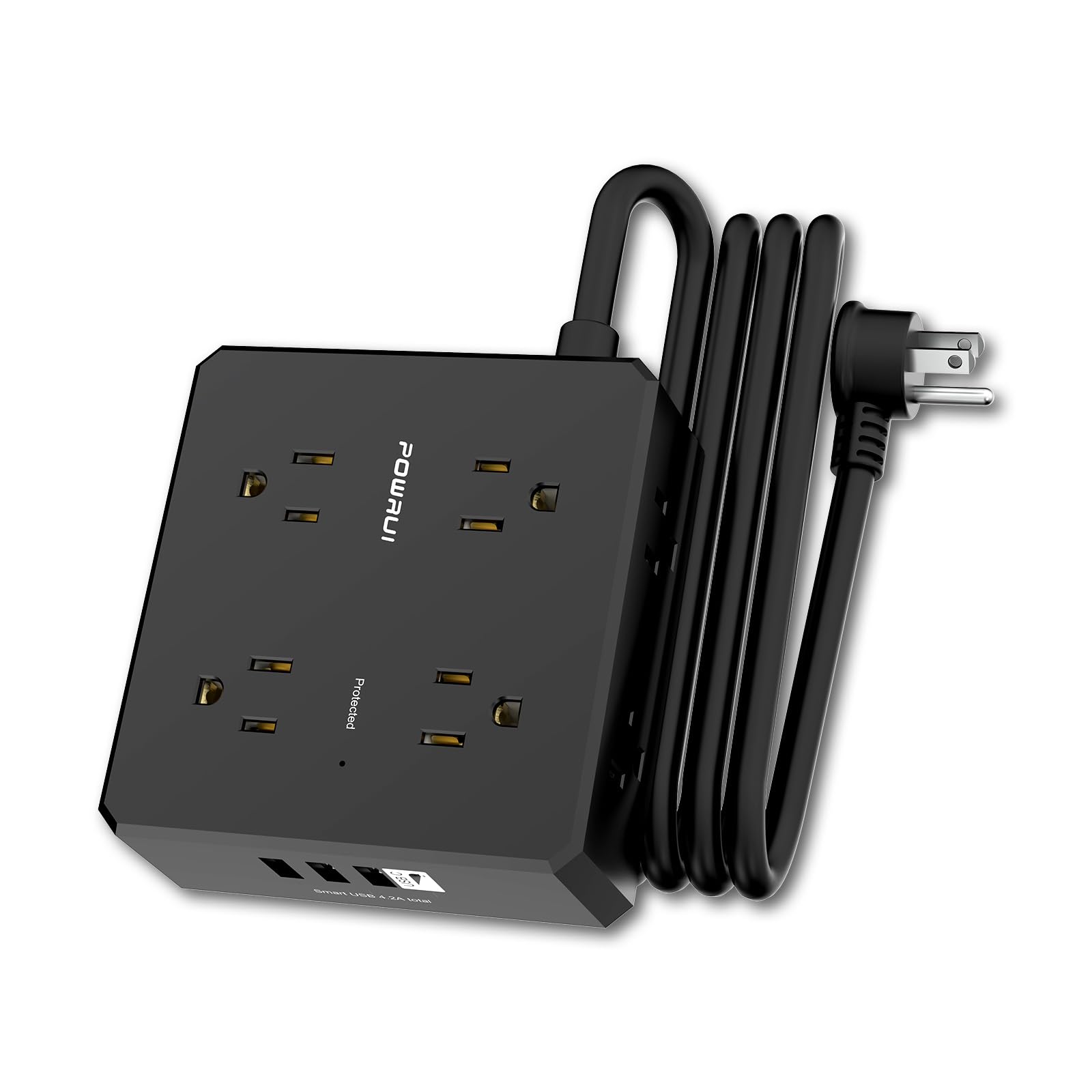 POWRUISurge Protector Power Strip - 6 Ft Flat Plug Extension Cord with 8 Widely Outlets and 4 USB Ports(1 USB C), 3 Side Outlet Extender for Home Office, Black, ETL Listed