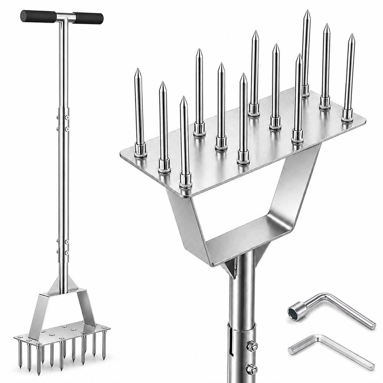 Rasenlüfter, Manueller Aerifizierer für Rasen mit 12 Spikes,Belüfter Werkzeuge für Rasenpflege und Verdichtete Böden, Langer Griff(99cm)