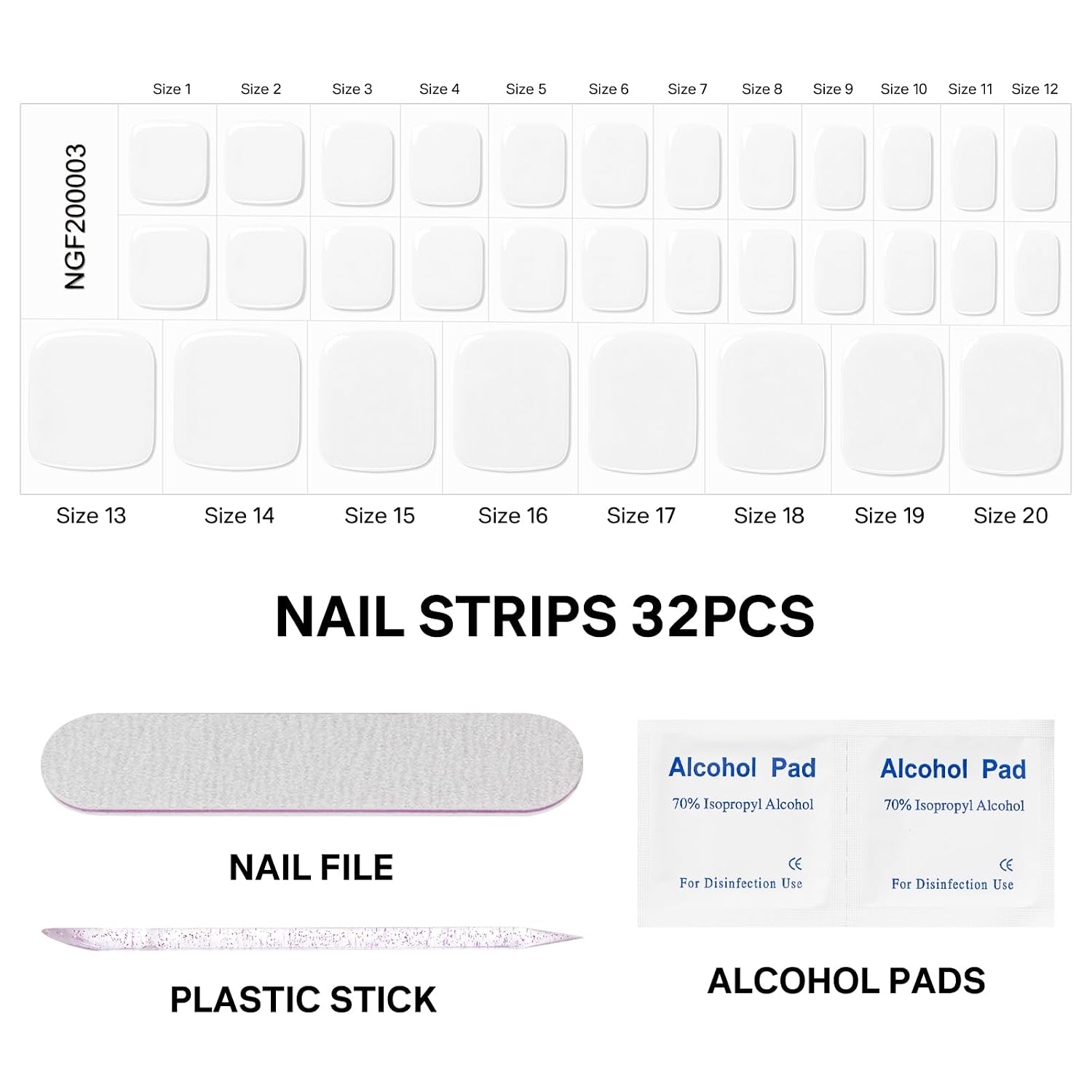 MIZHSE Semi Cured Gel Nail Strips, 32Pcs White Toenail Stickers Wraps Solid Pedicure Stickers for Toes, Works with U V/LED Lamps with 2 Prep Pads, Nail File &Nail Stick