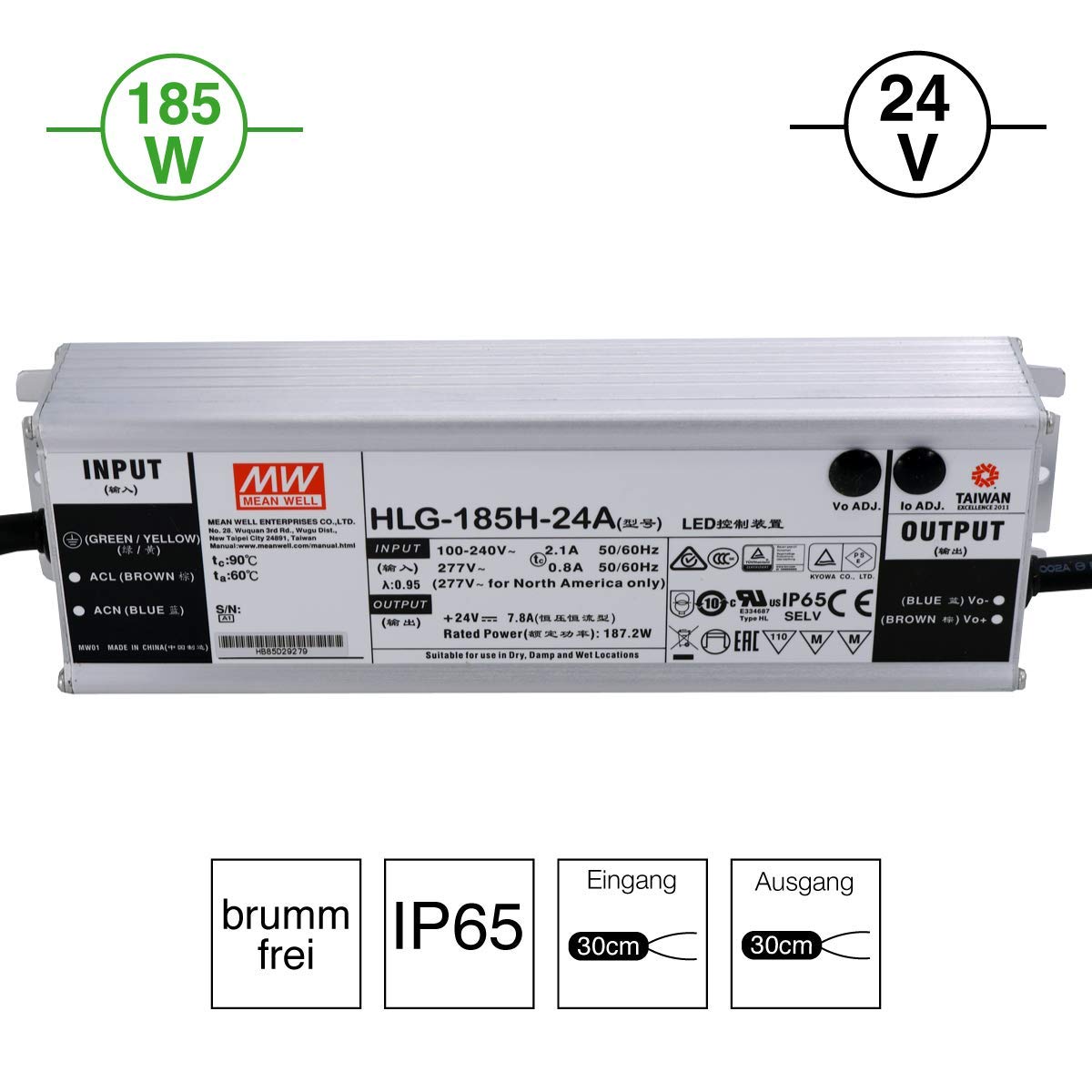 HLG-185H-24A: MEAN Well, alimentatore LED da 185 W, 24 V, IP65, tensione e corrente regolabili (24 V 185 W)