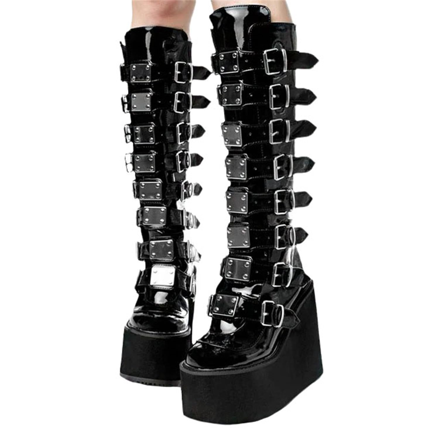 Stivali Donna Stivali con Plateau Punk Gotico Zeppe Stivali Alti Al Ginocchio Stivali con Zeppa Goth Stivali Invernali Stivali da Cavaliere con Cerniera Stivali con Tacco Grosso
