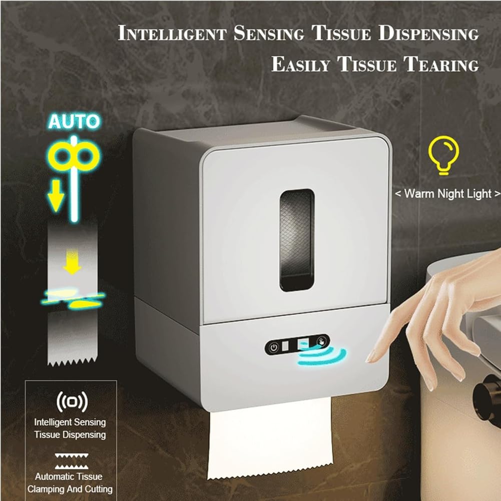 Distributeur de Papier Toilette Intelligent sans Contact, Distributeur de Serviettes en Papier à Capteur Électronique, avec Veilleuse, Chargement USB