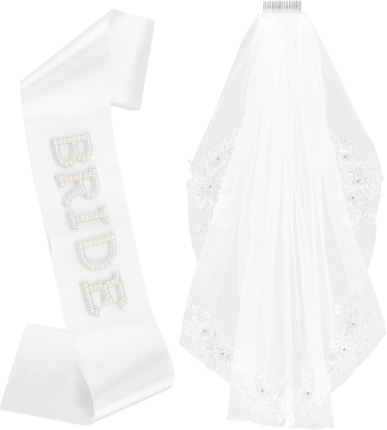 Chanaco Bride to Be Sash Bachelorette Party Accessories 2Pcs Bridal Shower Favors Wedding Engagement Decorations White Lace Veil with Comb and Pearls Sash