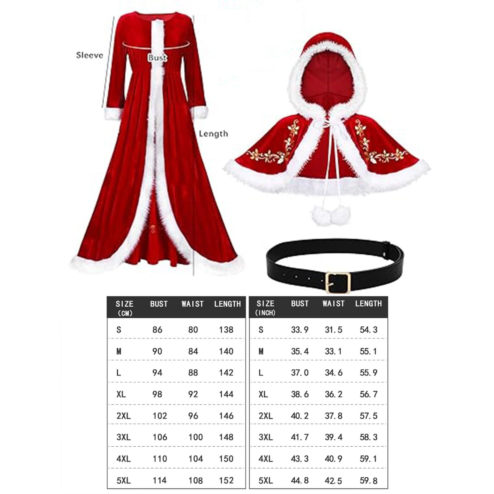 Costume de luxe Mme Claus rouge, avec robe à capuche et ceinture, déguisement de Noël pour adulte, costume de Père Noël, Costume Mere Noel Femme, Robe Mere Noel Femme, S - 5XL