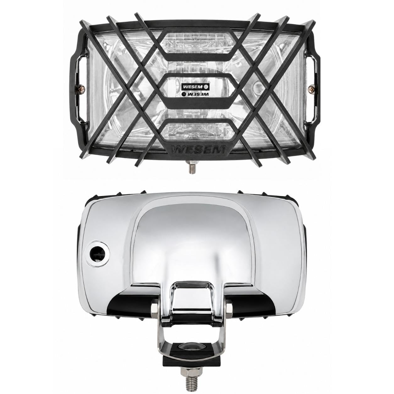 Matel Service 2x Fernscheinwerfer H3 220x123x120 mm E20 für Traktor LKW Nutzfahrzeug – Chrom Klarglas mit Schutzgitter ohne Glühlampen