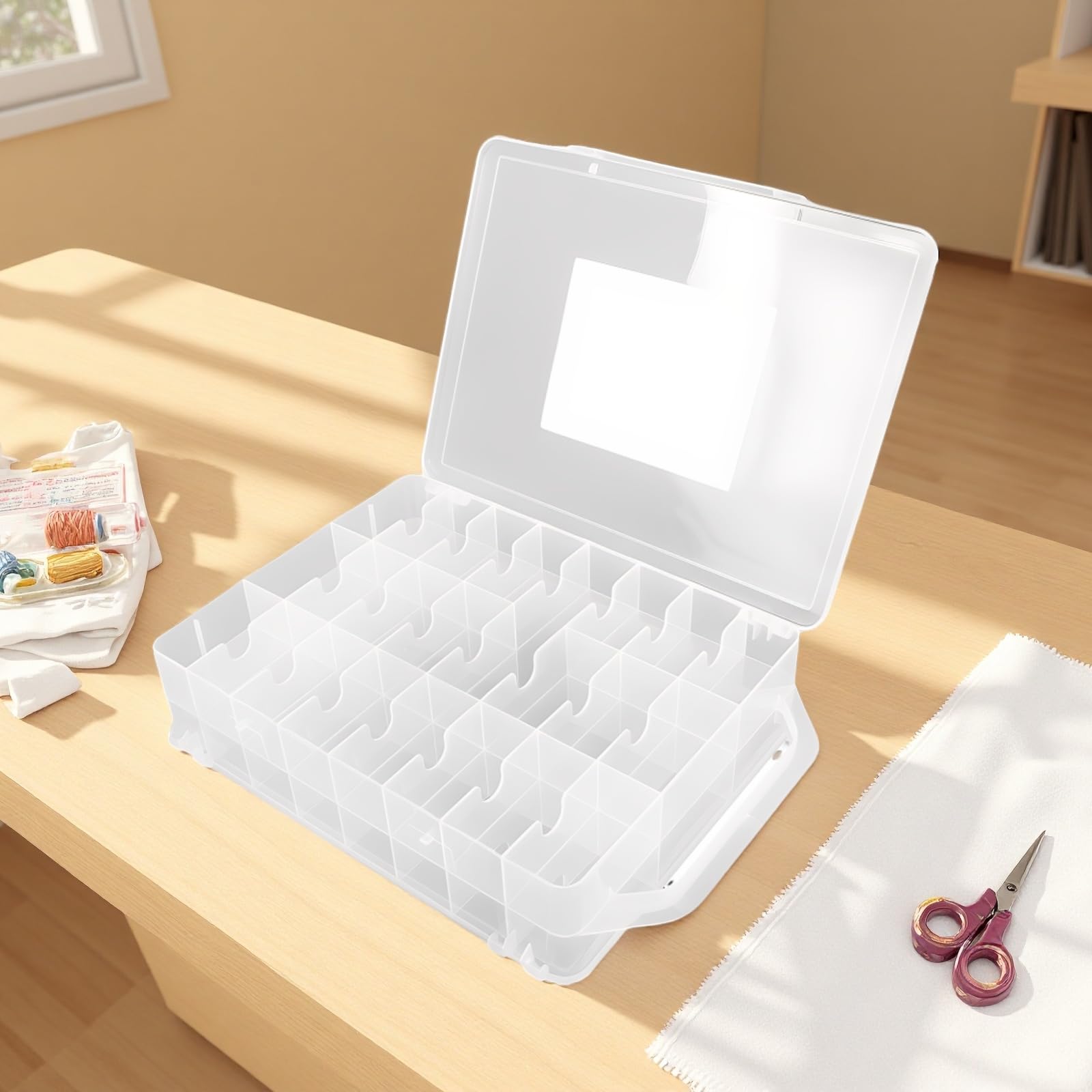 Organizer do szycia, 46 przegródek, dwustronne pudełko na nici, 33 x 8 x 25 cm, przenośne, przezroczyste plastikowe pudełko organizera do szycia nici, haftu i lakieru do paznokci