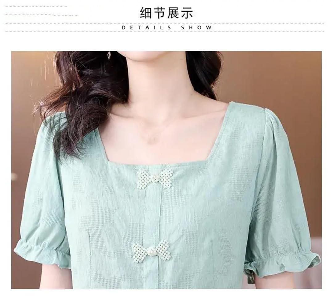Camicia da donna a maniche corte estiva da ufficio con fiocco e bottoni, scollo quadrato, in cotone