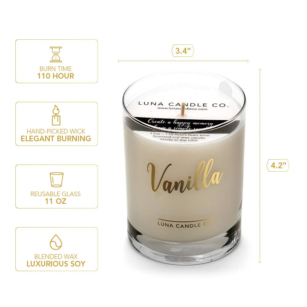 LUNA CANDLE CO. Vanilla Scented Jar Candle in 11oz. Clear Glass, Single Wick, Soy Wax, Up to 110 Hours of Burn Time, Great Gift for Home, Wedding, Birthday, Spa (2 Pack)