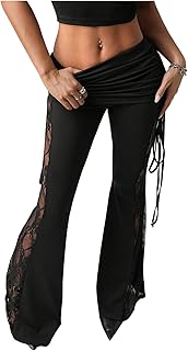 Leggings de encaje fruncido para mujer, pantalones acampanados para Rave Club, pantalones largos de tiro bajo