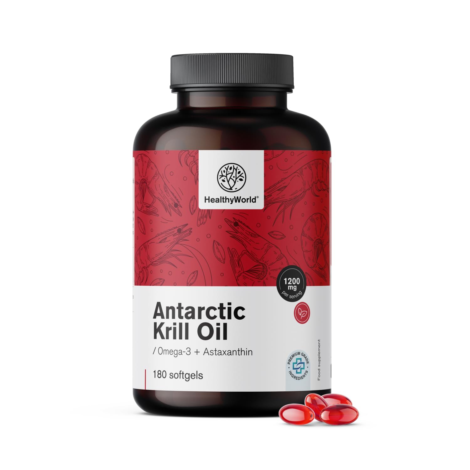 HealthyWorld Olej z kryla 1200 mg - 180 Miękkich Kapsułek - Omega-3 + Astaksantyna - Bez Glutenu, Laktozy i Sztucznych Aromatów - 3-miesięczny Zapas - Funkcjonowanie Serca i Żył