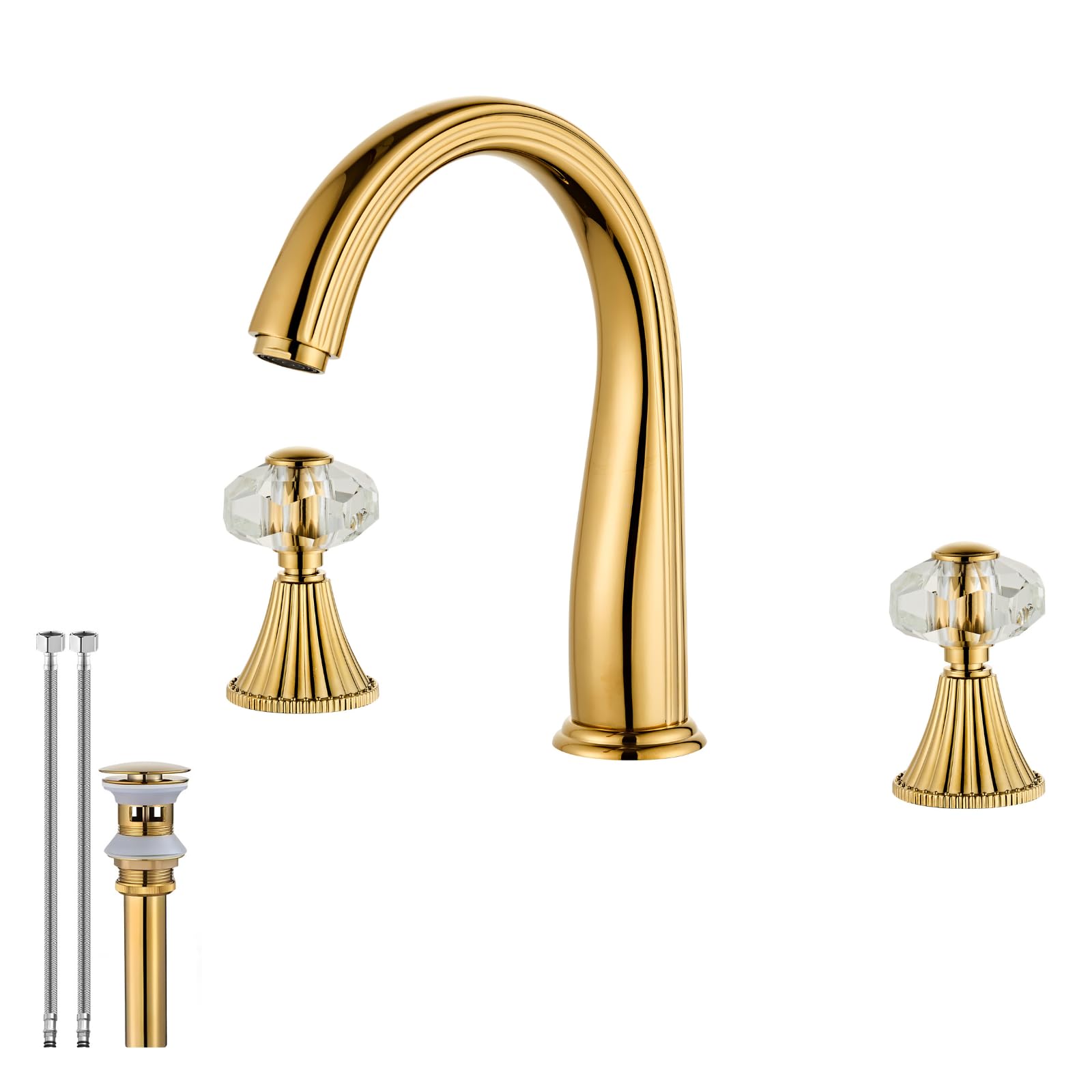 Gold Crystal 3 Hole Sink Vanity 8 Inch Brass 2 Handles 2 Tone Widespread Modern Unique Bathroom Faucets