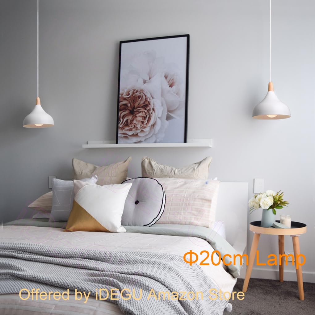 iDEGU 2 piezas Lámpara Colgante Moderna, 20CM Retro LED Lámpara de Techo en Madera y Metal Estilo Nordico Iluminación E27 Luz Colgante Interior para Comedor Salon Dormitorio (Blanco)