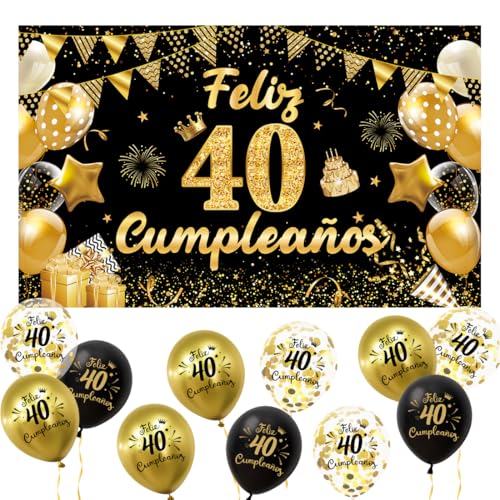 Decoración 40 Cumpleaños Español, Pancarta 40 Cumpleaños + 15 Globos, Banderola de Feliz 40 Años ,Decoracion 40 Cumpleanos Chica chico, Kit Decoración Fotos para Fiestas Negro y Dorado