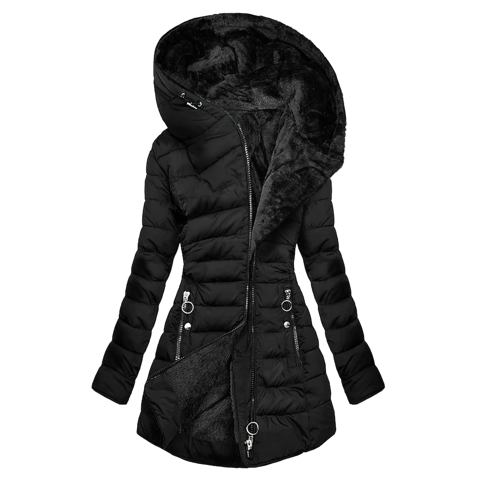 Generisch Wintermantel Damen Lang: Winterjacke Warm Gefüttert Steppjacke Lange Elegant Damenmantel Langarm Winter Parka Jacke mit Kapuze Winterparka Mantel Daunenmantel Damen Lang