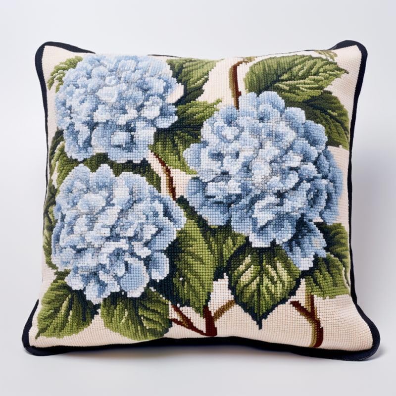 Latch Hook Pillow Kit Set Cushion Cover Blue Hydrangea Latch Hook Carpet Rug Pillow Cover Throw Pillow Craft Kits with Printed Canvas for Starter - 17 x 17 Inch
