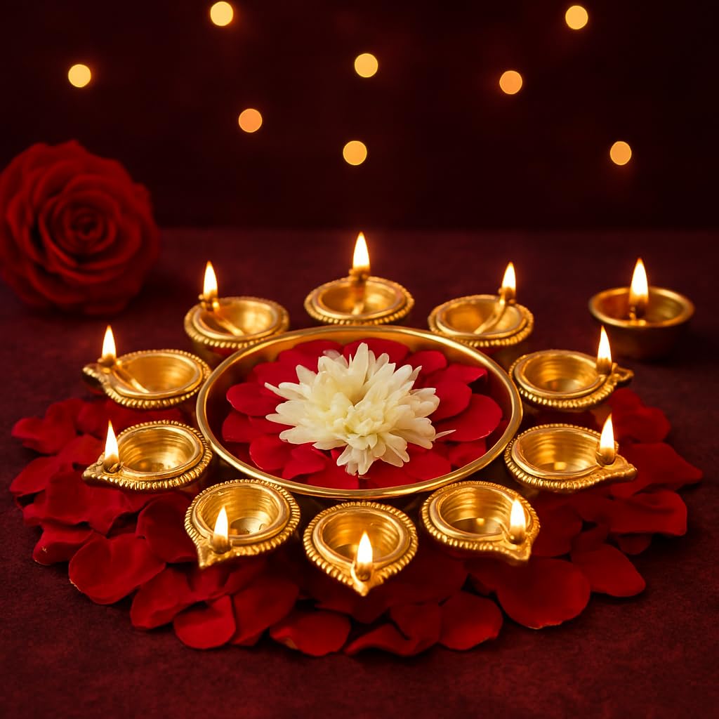 Jaipur Ace Elegant Urli Gold Metal Diya and Tealight Candle Holders with Floral Arrangement Bowl, Perfect for Diwali, Pooja, and Home Decor Floral Beautiful Urli 7 inch Diameter (6 Diya Set of urli)