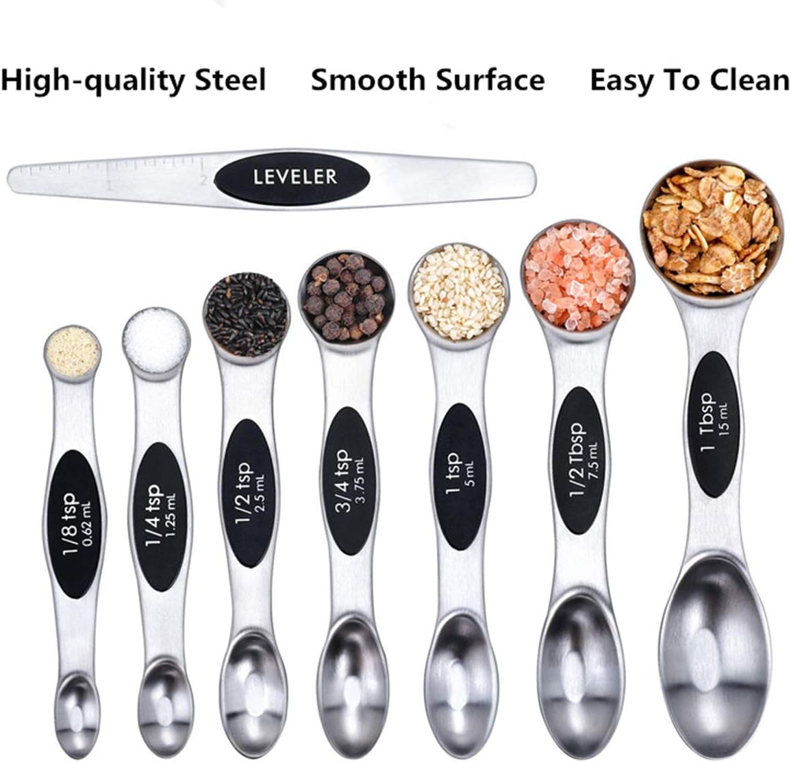 Stainless Steel Baking Tools, Magnetic Double-Headed Measuring Spoons, Seasoning Measuring Spoons With Scraper (8 PCS,Multicolor)