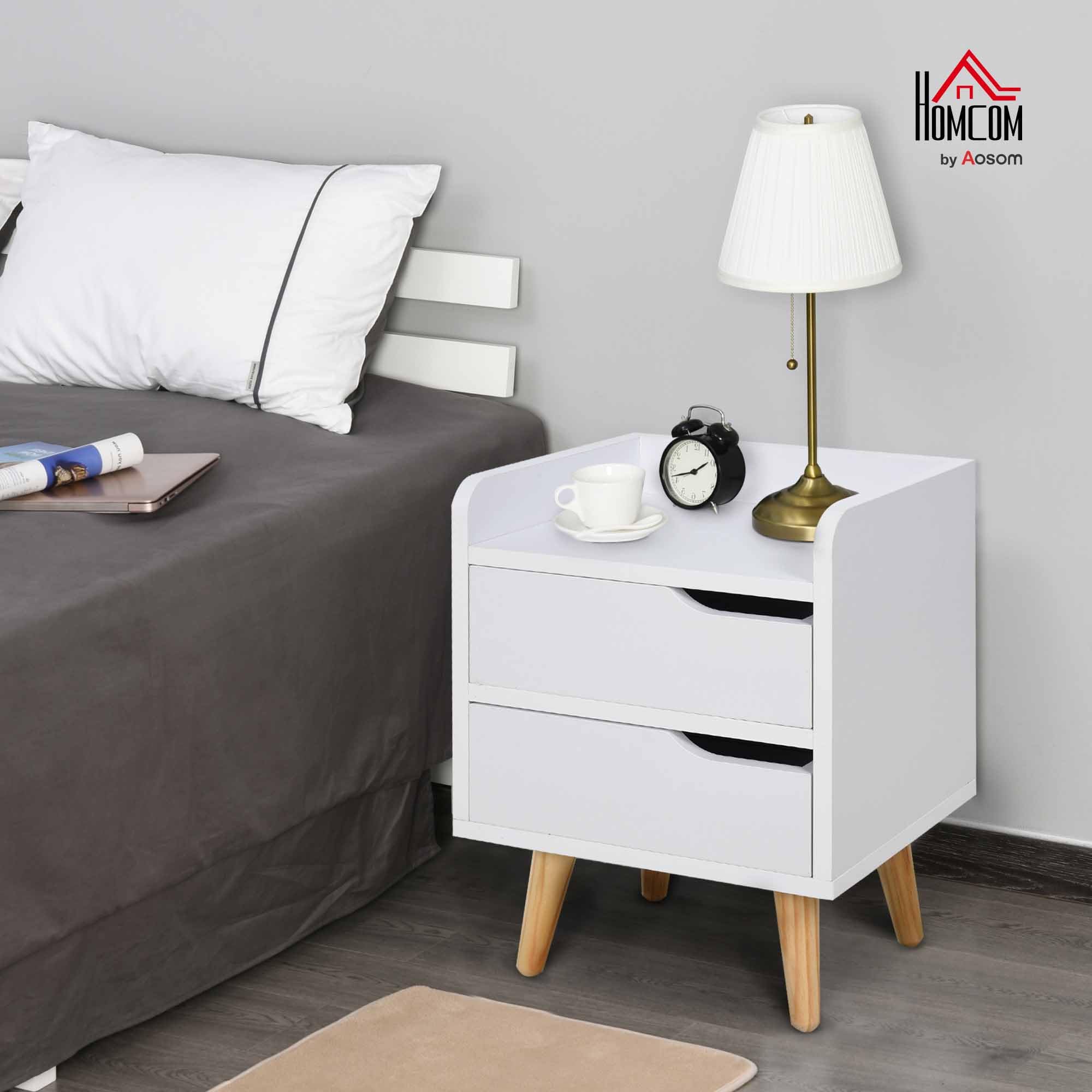 HOMCOM Mesa de Noche Multiusos Mesita Auxiliar para Sala de Estar o Dormitorio con 2 Cajones Espaciosos Patas Elevadas de Pino Diseño Moderno 33x28x42 cm Blanco