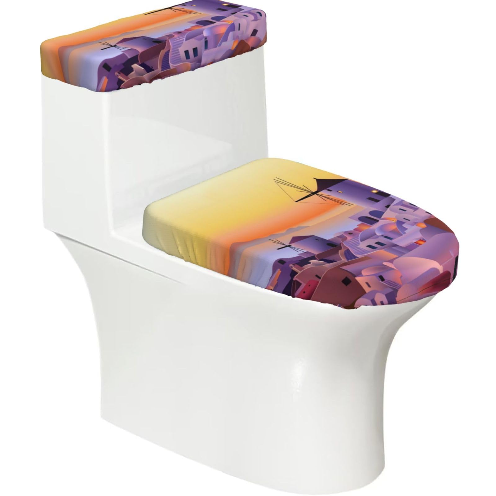 Greece Island Sunset Landscape 2-Piece Toilet Seat Cover Set with Tank Lid, Elastic Fit for U-Shape & Elongated Toilets, Bathroom Decor, Housewarming Gift
