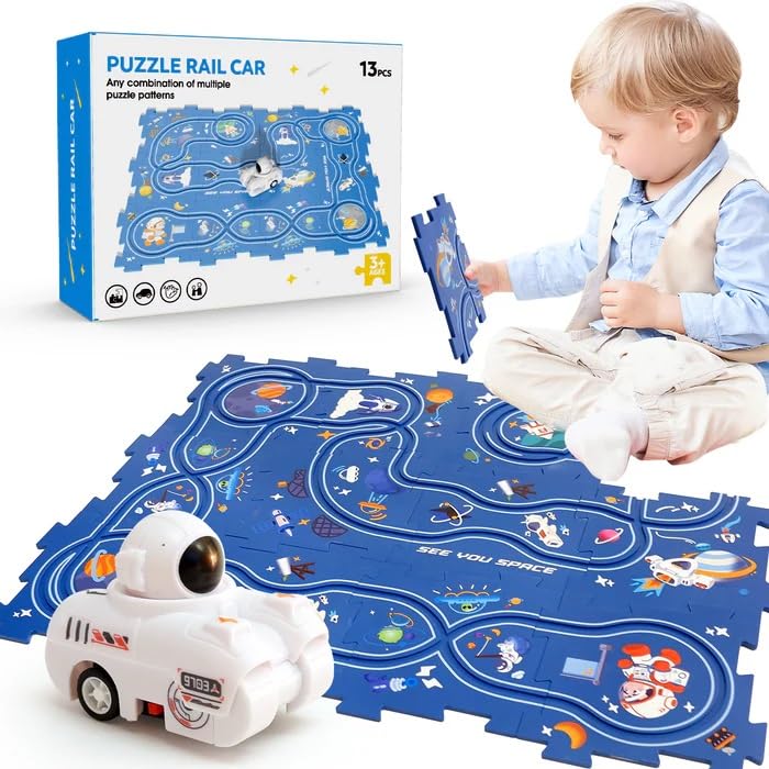 Toyshine Puzzle Racer Kids Car Track Set, Educational Montessori Puzzle Track Car Play Set Toddlers Puzzle Rail Car, Plastic Puzzles for Kids Ages 3-5 with Vehicles Puzzle Race Track Car Toys