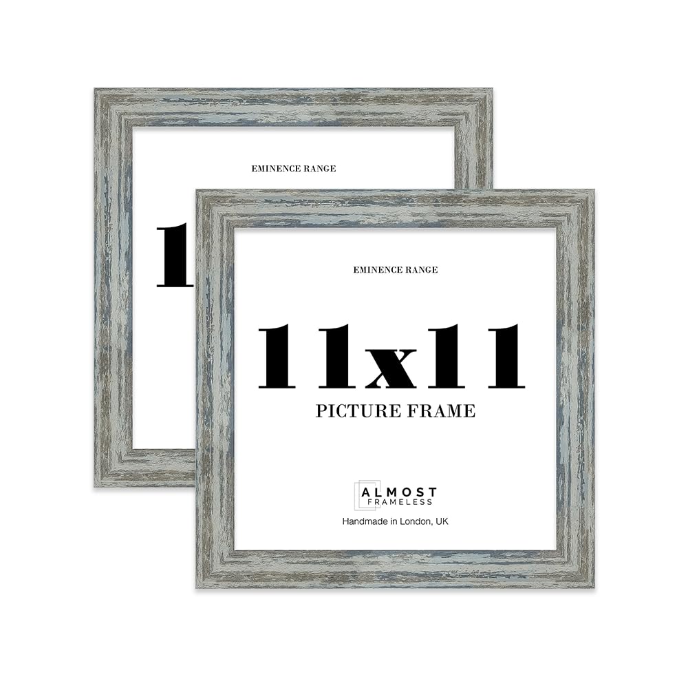 11x11" Distressed Blue Picture Frame - Rustic Wood Industrial Effect Photo Frame for Wall Display, Ideal for Posters, Prints & Home Décor, Wall Hooks and Kickstand, 32mm Edge - 2 Pack