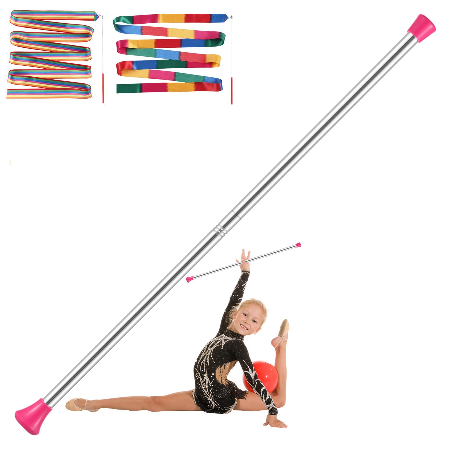 TOXYMHO Kids Baton, 28-Inch Stainless Steel Twirling Baton for 3-15 Years Old Dance Beginners | Includes 1 Gymnastics Wand & 2 Dance Ribbons, Easy-to-Use (Pink)