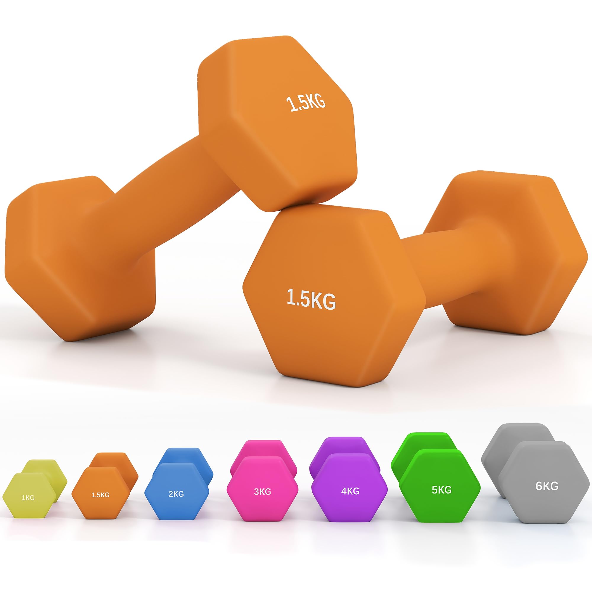 SPORTNOW Set of 2 Hex Dumbbells, Neoprene Weights Pair with Non-Slip Grip, Home Gym Fitness Training Equipment, 2 x 1.5kg, Orange