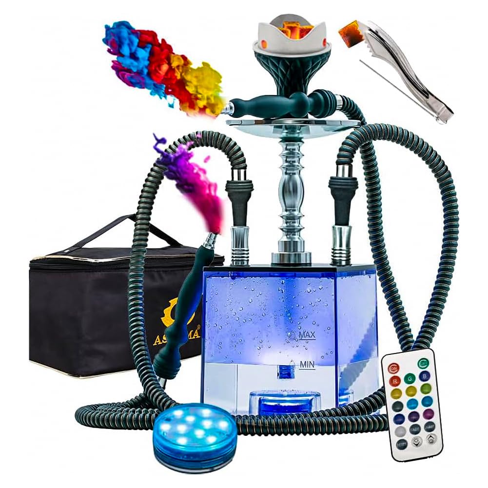 Acrylic Hookah Set 2 Hose with Travel Case, ASANMA Micro Modern Cube Hookah with Charcoal Holder Cleaning Brush Hookah Bowl 2 Leather Hose Coal Tongs Magical Remote LED Light for Better Shisha Hookah Narguile Smoking