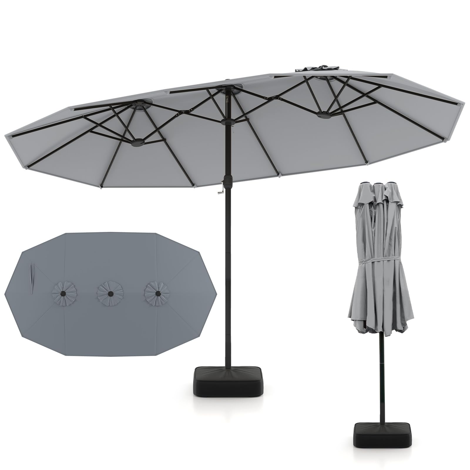 COSTWAY Parasol de Jardin Extérieur XXL avec Pied, Double 4,5 m, 12 Baleines en Métal, 2 Sacs de Sable, Manivelle, Grand Parasol pour 6 Personnes, pour Terrasse, Jardin, Piscine (Gris)