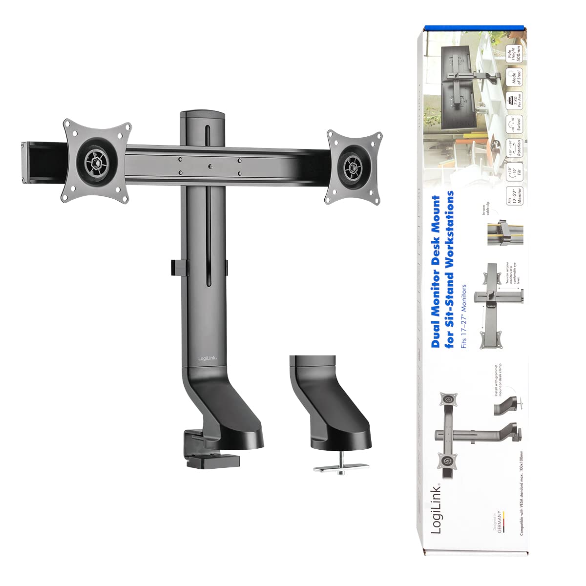 LogiLink BP0160 – podwójny uchwyt na monitor stołowy 2-krotny z aluminium do monitorów płaskich i zakrzywionych (17-27 cali)
