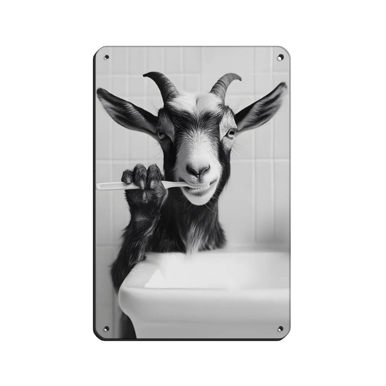 Lxwnze 20L X 30W Cm Goat Brushing Teeth, Funny Bathroom Art Tin Sign Vintage Metal Pub Club Cafe Bar Home Wall Art Decoration Poster Retro 8X12inch(20X30cm)